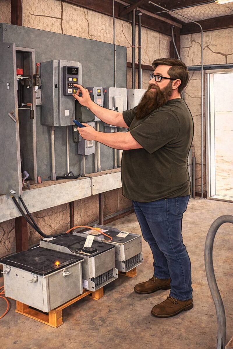 Mercer Controls technician configuring a variable frequency drive for pressure-based pump control