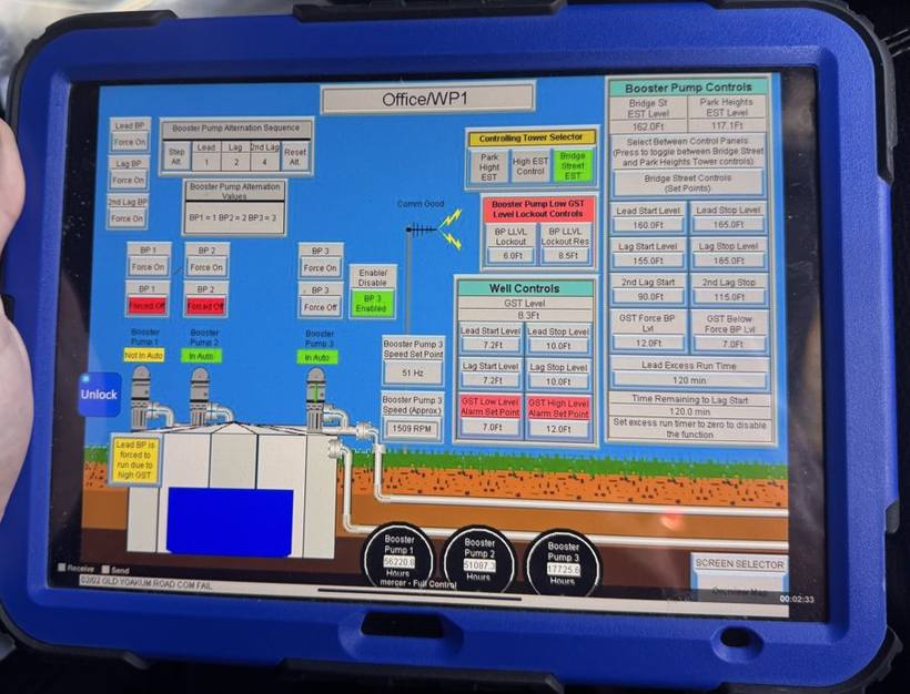 Mercer Controls SCADA screen on a tablet showing booster pump and well controls in the field
